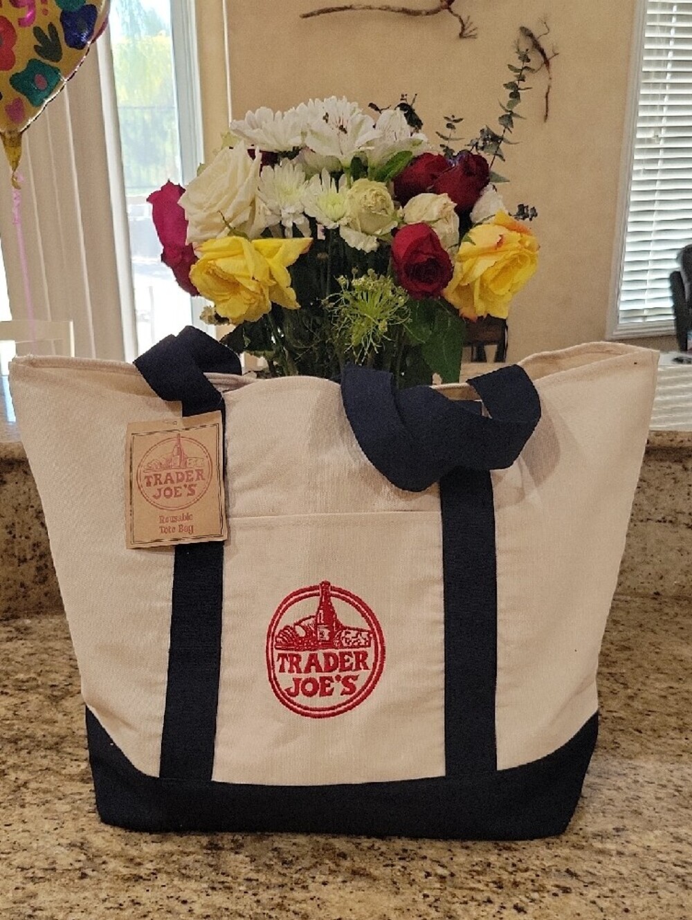 Trader Joe's Reusable Tote Bag - Cream with Navy Handles